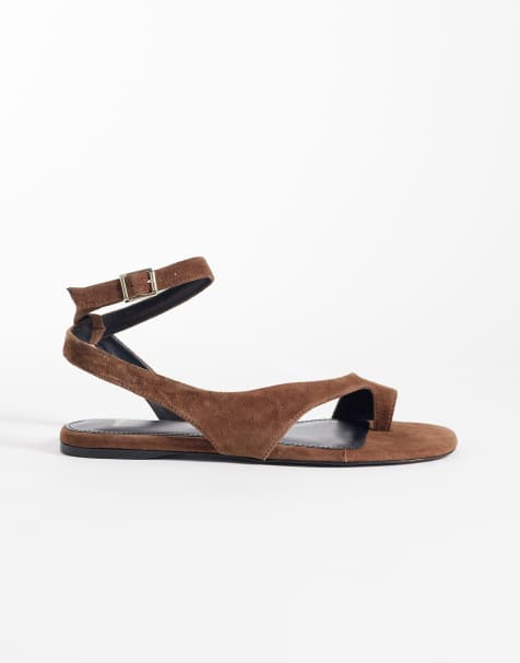 Mango 100% suede leather flat sandal in brown - view 1