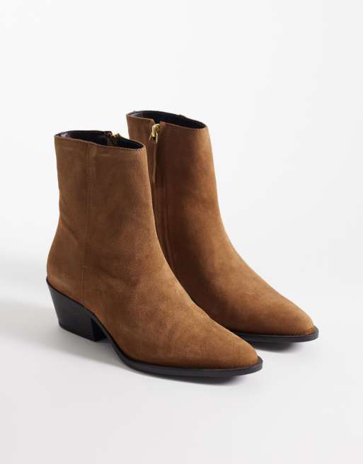 Mango 100% suede leather heeled cowboy boot in camel, 2 of 4