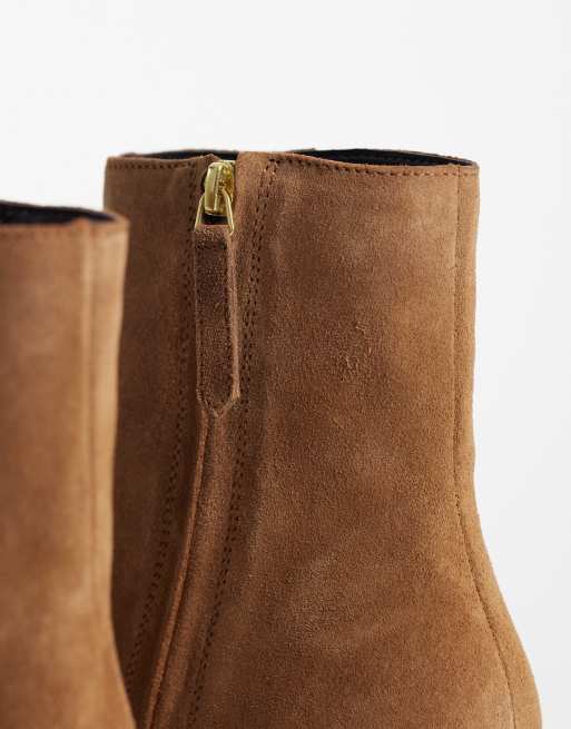 Mango 100% suede leather heeled cowboy boot in camel, 3 of 4