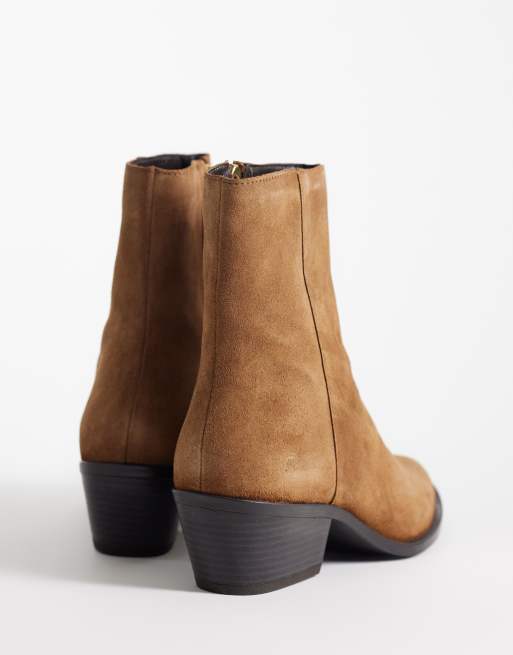 Mango 100% suede leather heeled cowboy boot in camel, 4 of 4