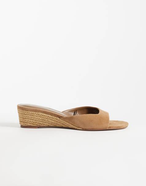 Mango 100% suede leather heeled raffia wedge sandal in tan - view 1