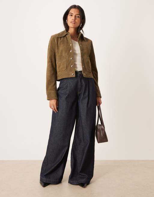 Mango 100% leather suede short jacket in khaki