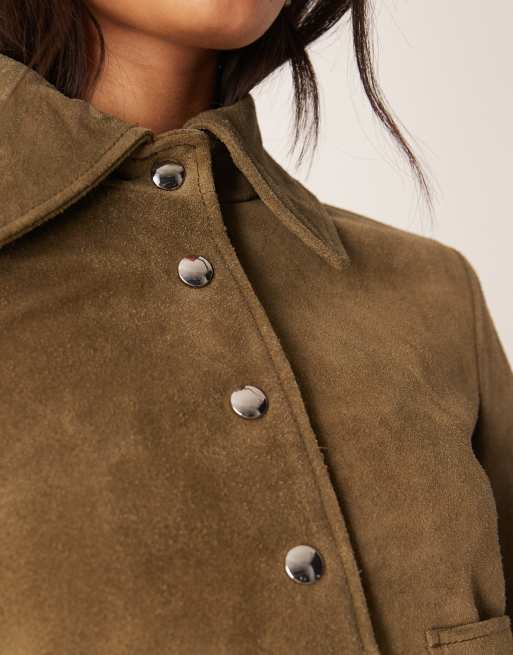 Mango 100% leather suede short jacket in khaki