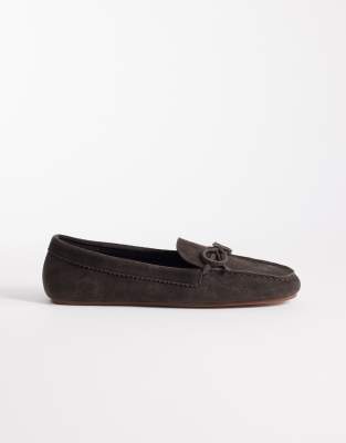  100% suede loafer with bow detail in chocolate