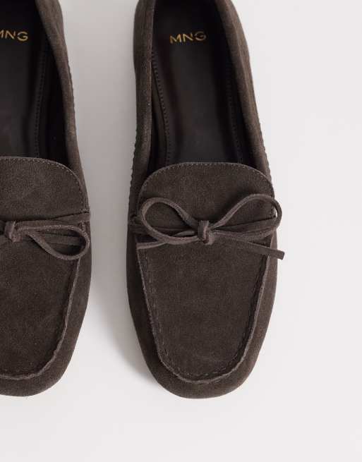 Mango 100% suede loafers with bow detailing in chocolate, 2 of 4