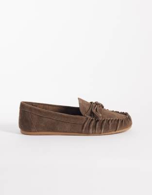 Mango 100% suede loafers with ruched detail in chocolate