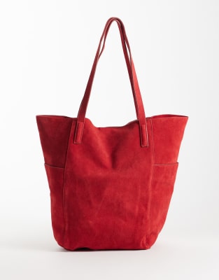 Mango 100% Suede Slouchy Tote Bag In Red