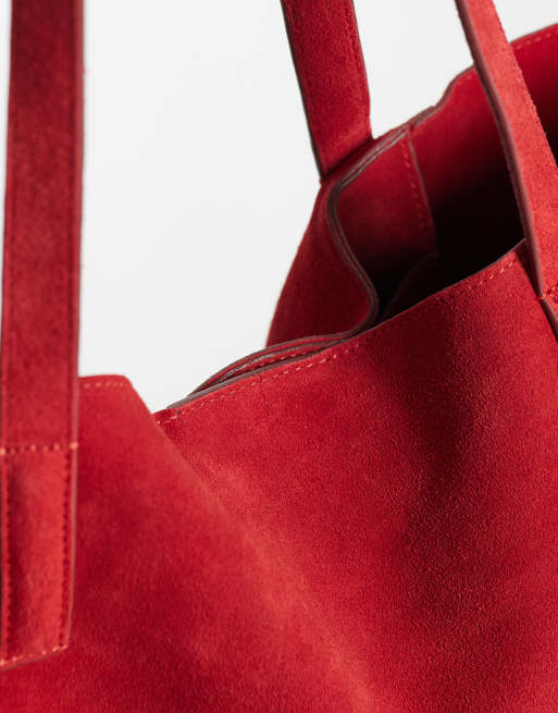Mango 100% suède slouchy tote tas in rood, 3 van 4