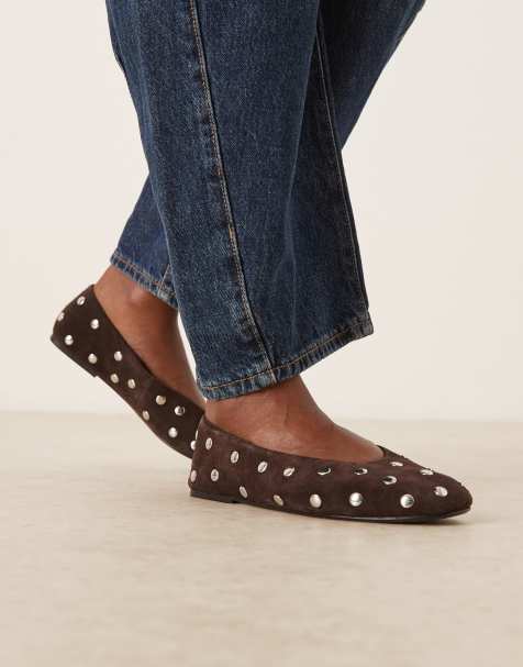 Mango 100% suede studded ballet flats in chocolate - view 1