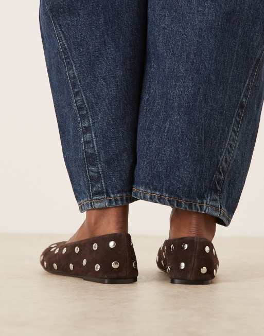 Mango 100% suede studded ballet flats in chocolate, 3 of 4