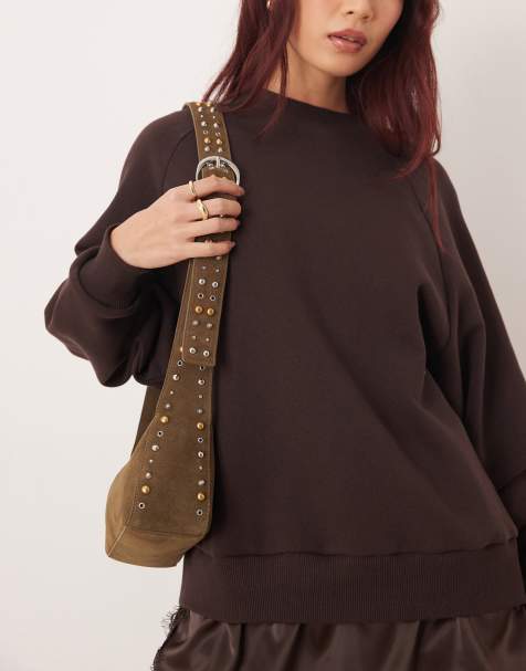 Mango 100% suede studded detail bag in khaki - view 1