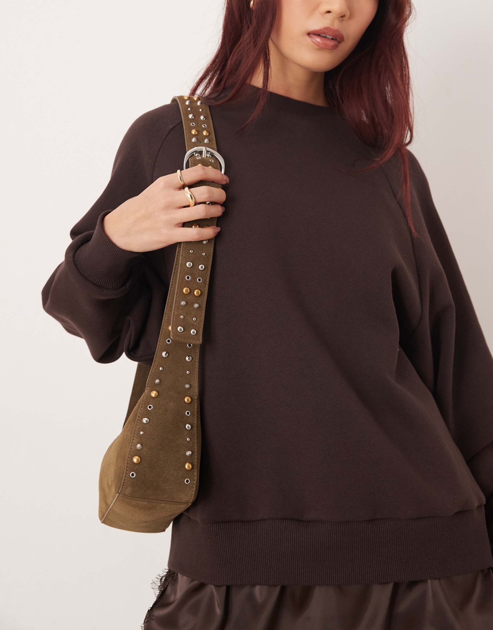 mango 100% suede studded detail bag in khaki