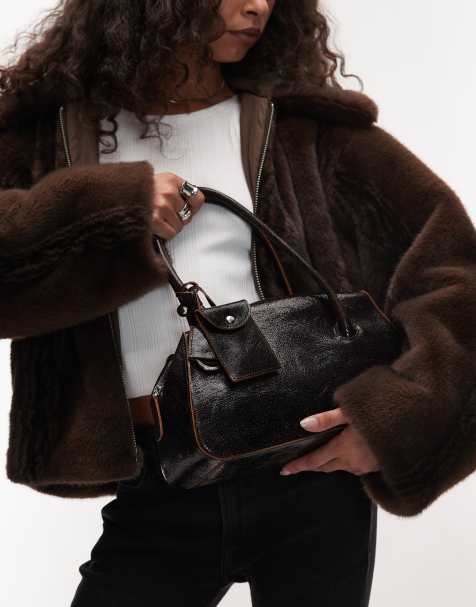 Mango 100% textured leather bowling bag in chocolate - view 1