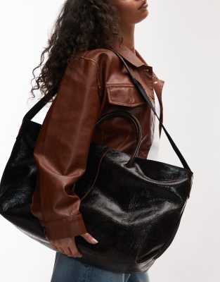 Mango Mango 100% textured leather weekend bag in chocolate-Black