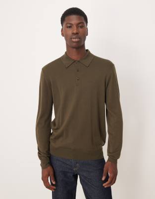 Mango 100% wool button up long sleeve knit polo top in khaki-Green
