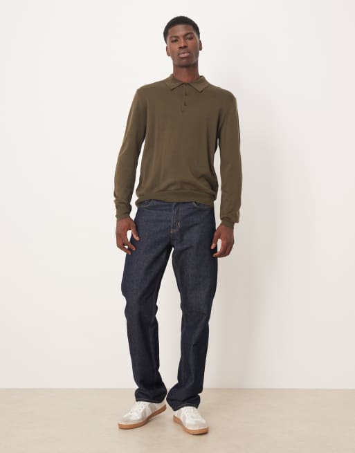 Mango 100% wool button up long sleeve knit polo top in khaki | ASOS