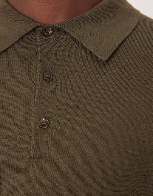 Mango 100% wool button up long sleeve knit polo top in khaki | ASOS