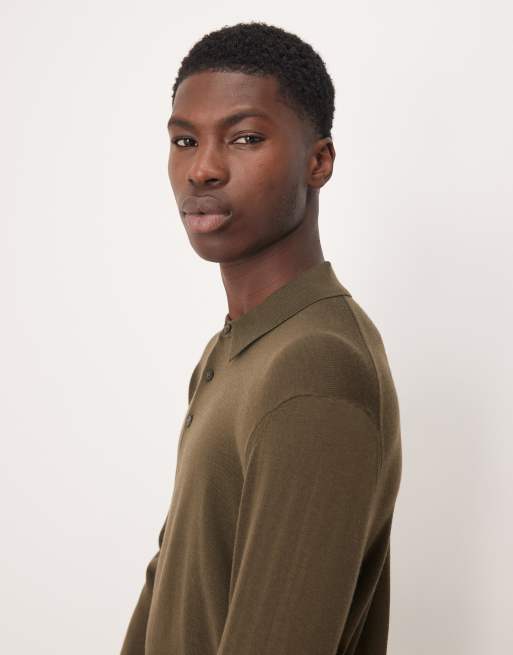 Mango 100% wool button up long sleeve knitted polo top in khaki, 4 of 5
