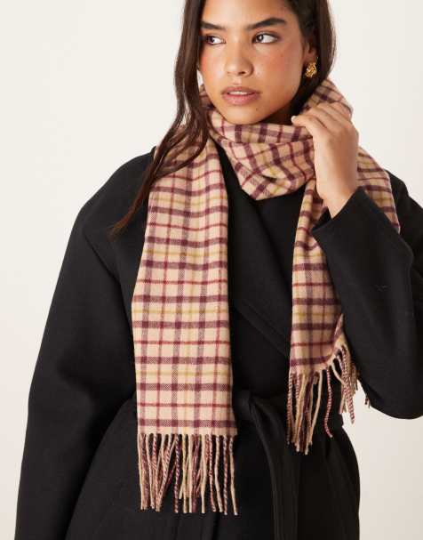 Mango 100% wool checked scarf in dark red - view 1