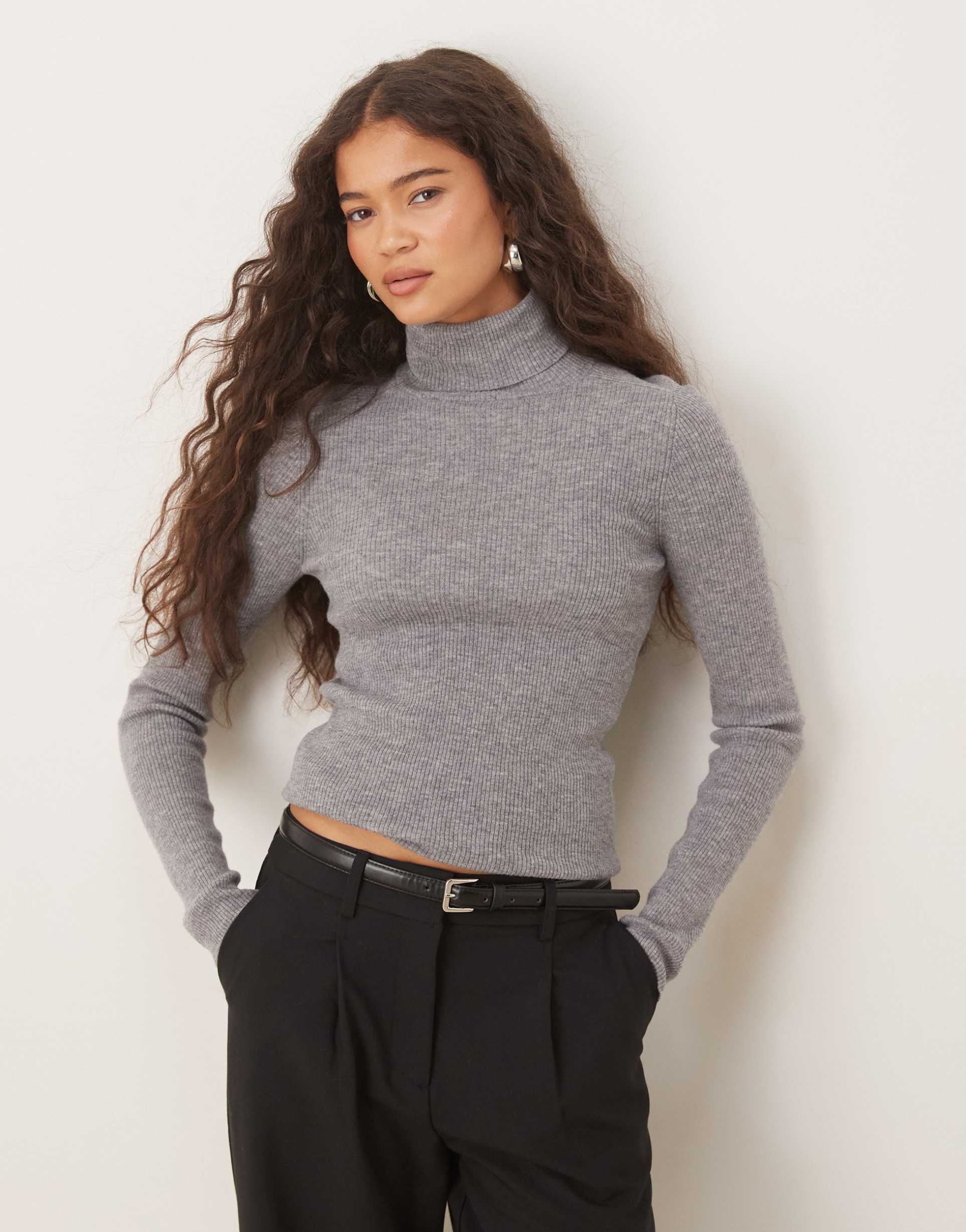 mango 100% wool knit soft touch turtle neck sweater in light gray