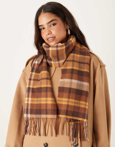 Mango 100% wool plaid scarf in dark brown - view 1