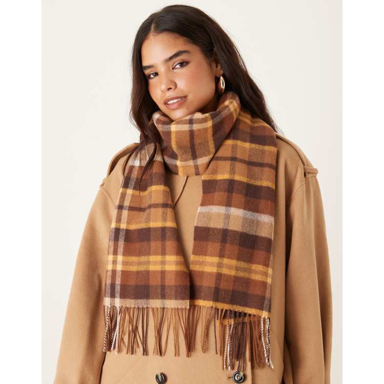 Mango 100% wool plaid scarf in dark brown | ASOS