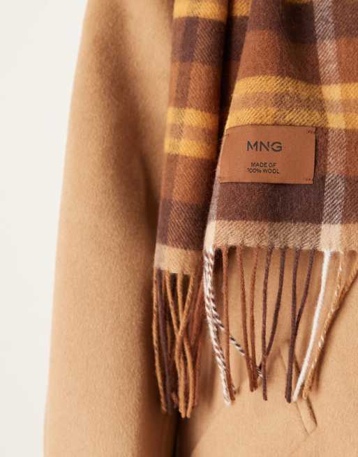 Mango 100% wool plaid scarf in dark brown | ASOS