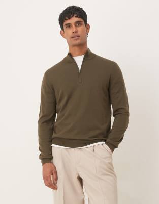 Mango Mango 100% wool quarter zip jumper in khaki-Green