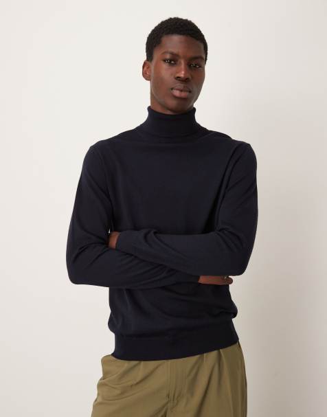 Mango 100% wool roll neck top in navy - view 1