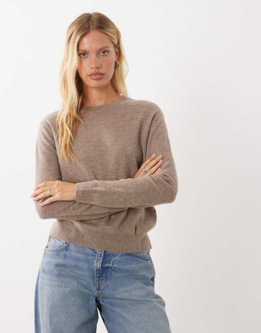 Mango 100% wool round neck jumper in light brown, 2 of 4