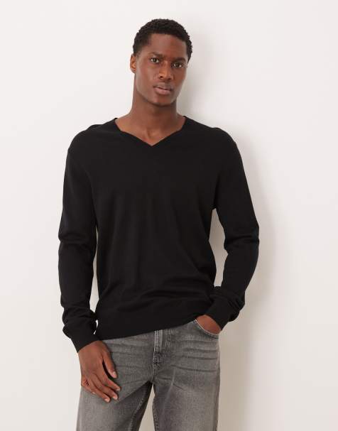 Mango 100% wool v-neck lightweight knitted top in black - view 1