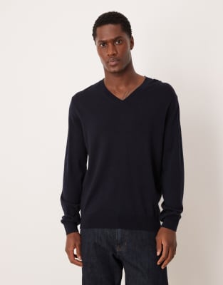 Mango Mango 100% wool v-neck lightweight knitted top in navy