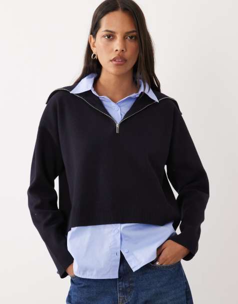 Mango 2 in 1 quarter zip jumper with shirt in blue - view 1