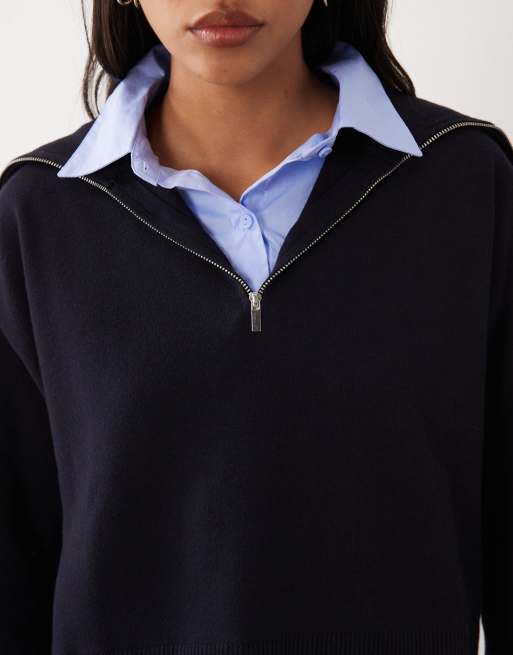Mango 2 in 1 quarter zip jumper with shirt in blue, 3 of 4