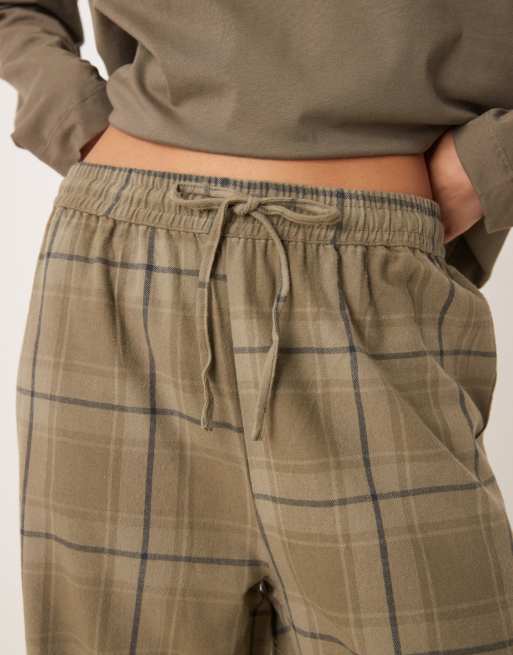 Mango – 2-teiliger Pyjama aus 100% Baumwoll-Flanell in Khaki, bestehend aus Hose und T-Shirt, 4 von 4