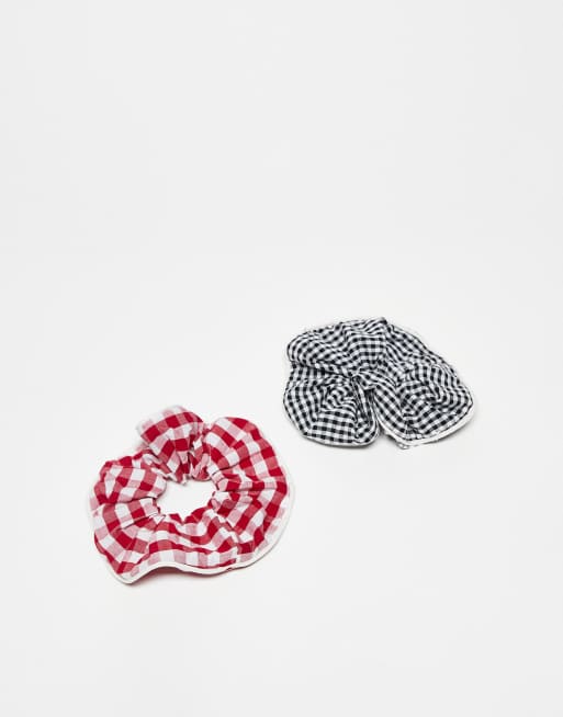 Mango – 2er-Pack Haargummi-Scrunchies mit Vichy-Karos in Rot und Schwarz