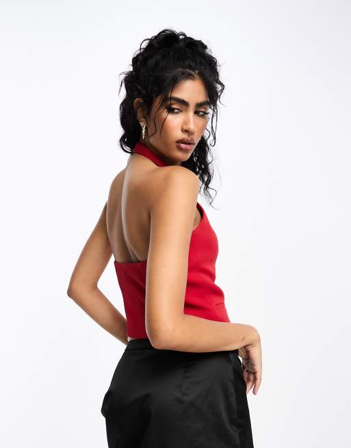 Mango 3D floral detail halterneck waistcoat in red, 2 of 4