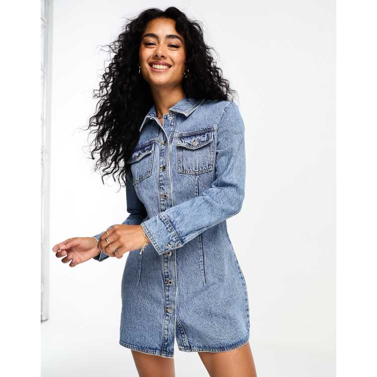 Mango Aansluitende denim jurk met zoomdetail in middenblauw ASOS