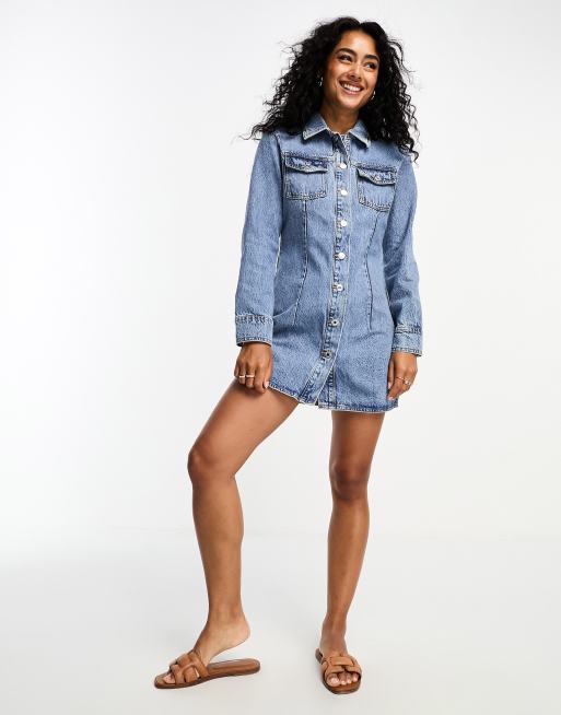 Mango Aansluitende denim jurk met zoomdetail in middenblauw ASOS