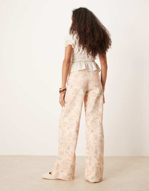 Mango Aba washed floral jeans in pale pink