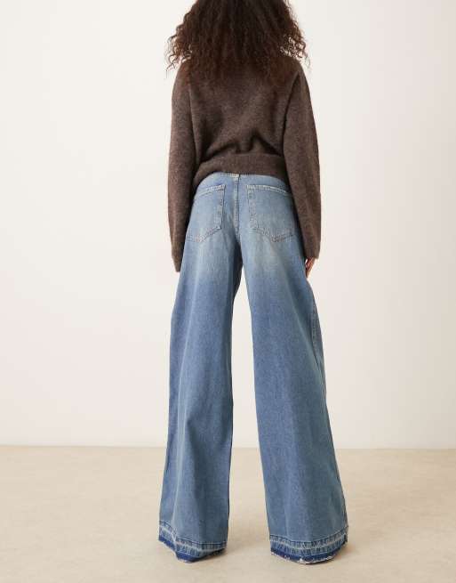 Mango – Aba – Weit geschnittene Jeans in Blau mit abgesetztem Saum, 3 von 5