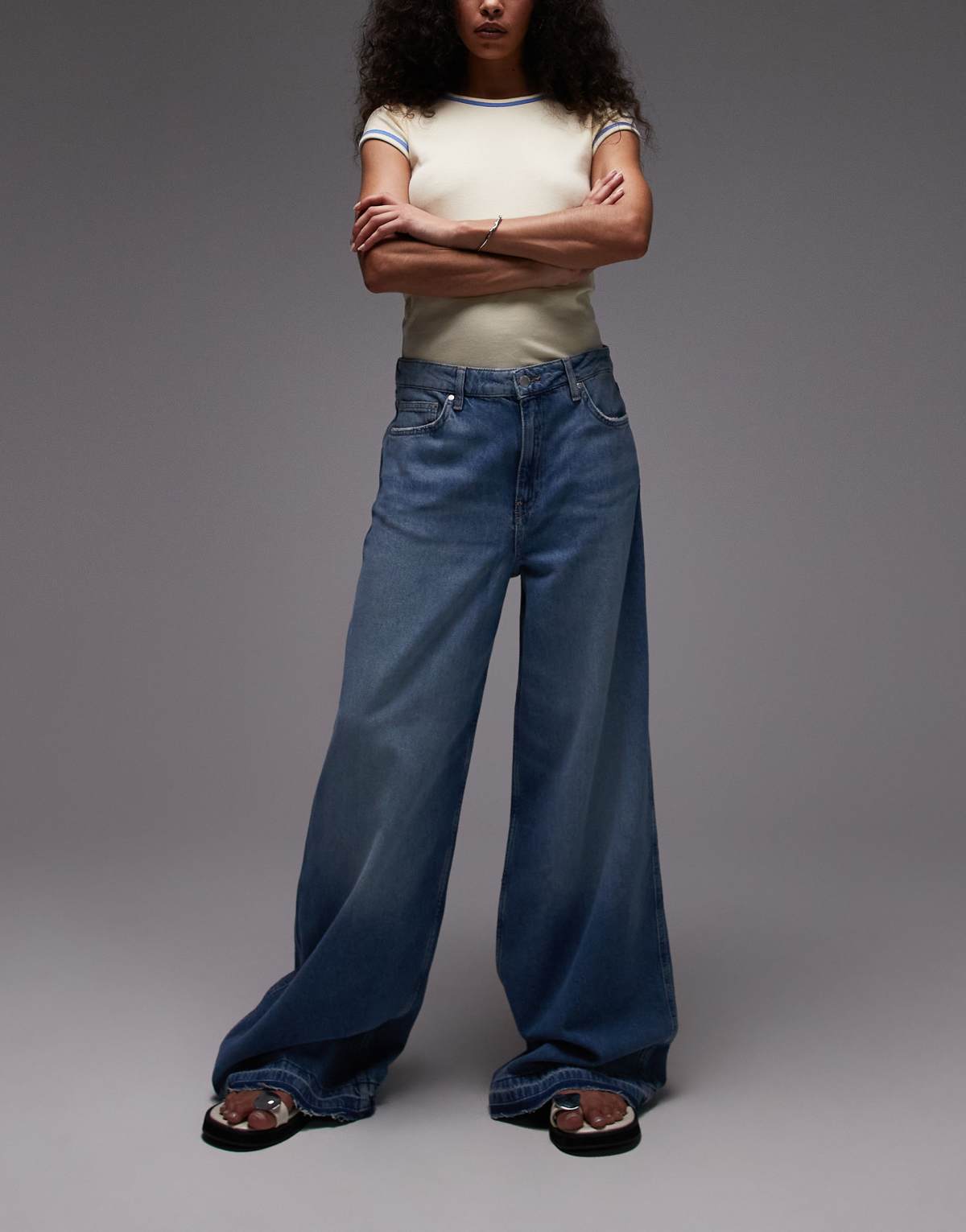 Mango Aba wide leg contrast hem jeans in blue