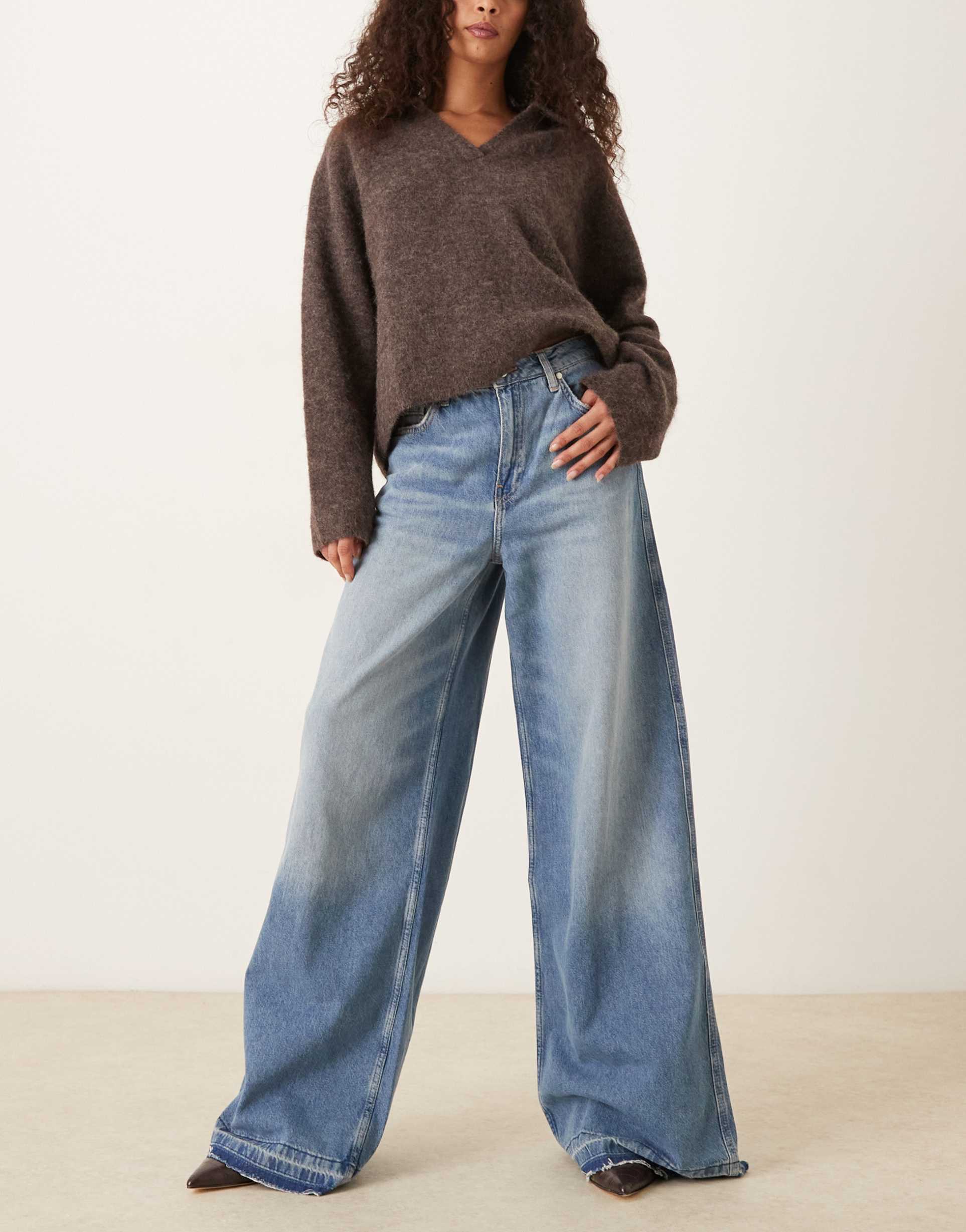 mango aba wide leg contrast hem jeans in blue
