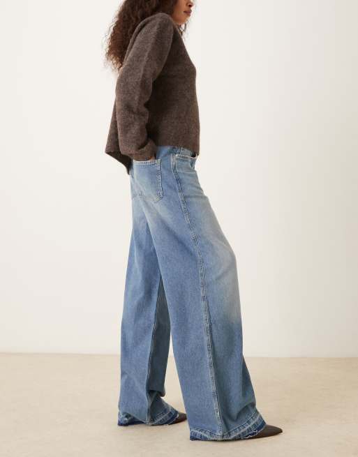 Mango Aba wide leg contrast hem jeans in blue, 2 of 5