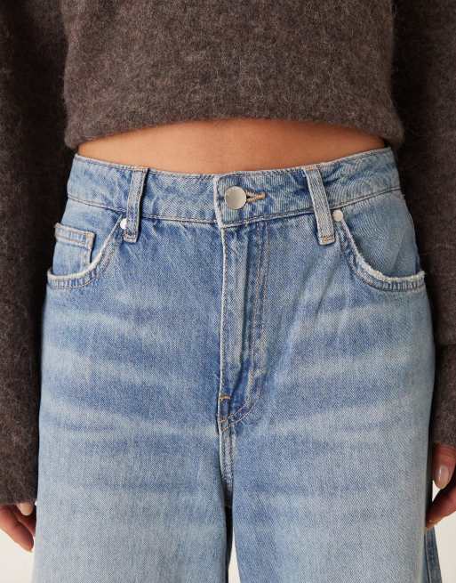 Mango Aba wide leg contrast hem jeans in blue, 4 of 5