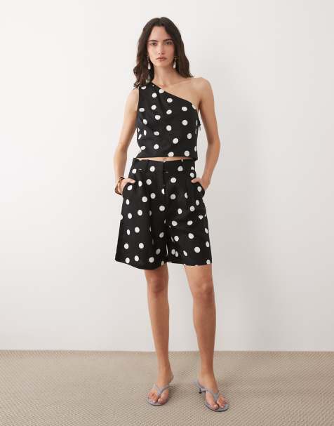 Mango Abrei linen mix bermuda short co-ord in black and white polka dot - view 1