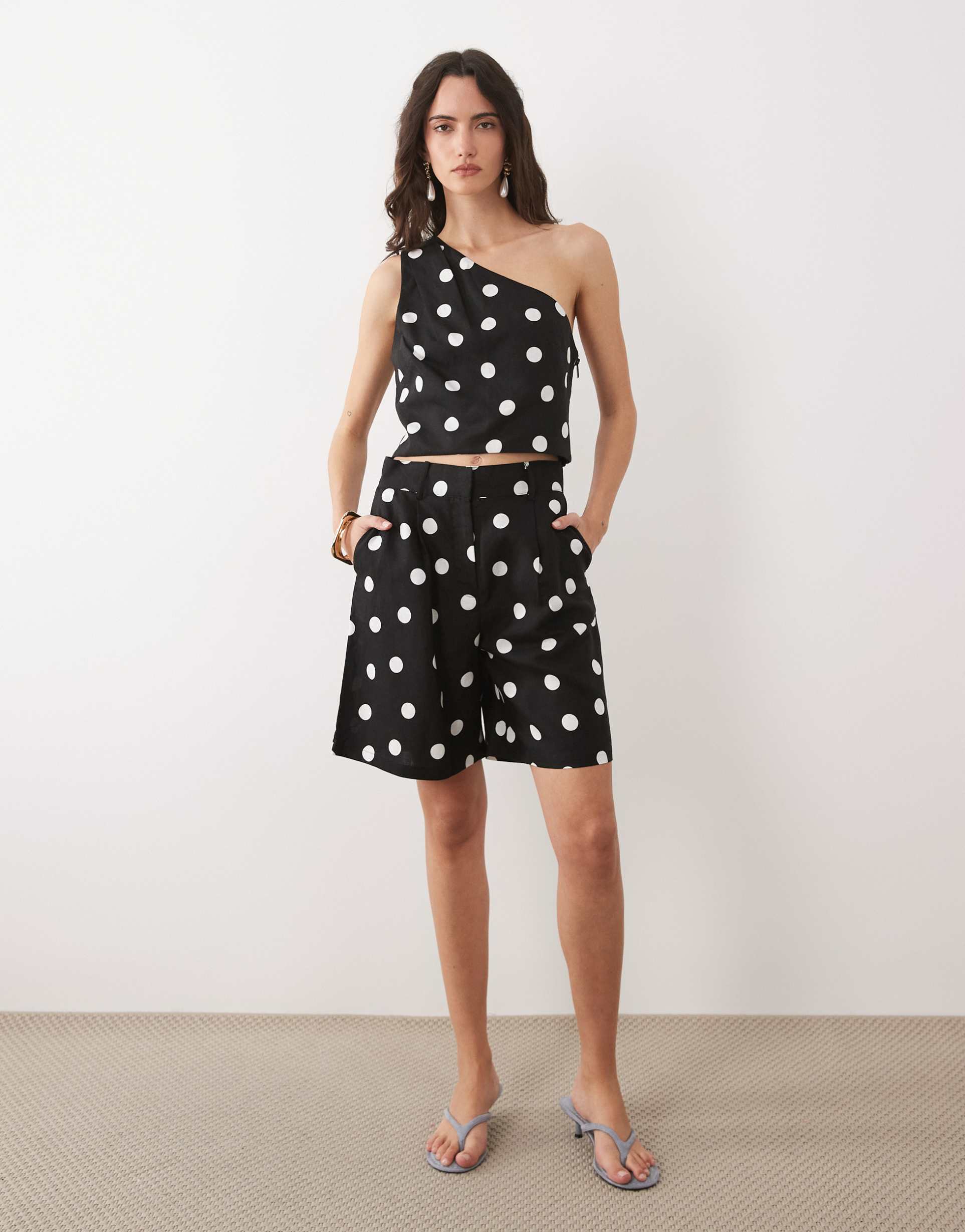 mango abrei linen mix bermuda shorts in black and white polka dots - part of a set