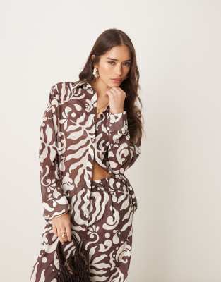 abstract botanical print long sleeve shirt in brown - part of a set