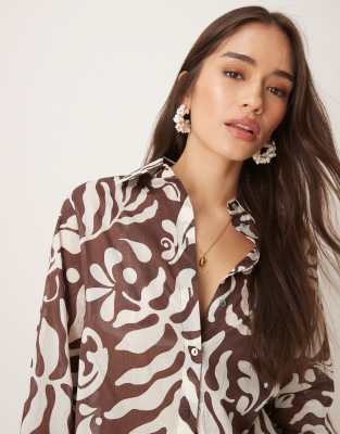 Mango Abstract Botanical Print Long Sleeve Shirt In Brown