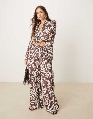 abstract botanical print tie waist wide leg pants in brown - part of a set